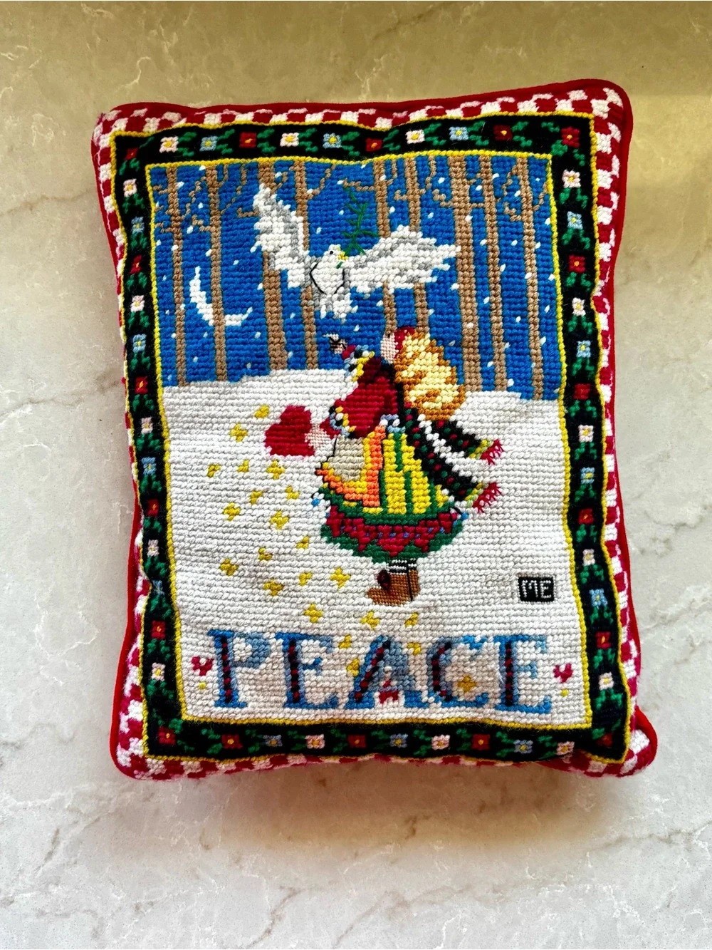 Needlepoint Mary Engelbreit Peace Christmas Pillow vintage 🎄🕊️